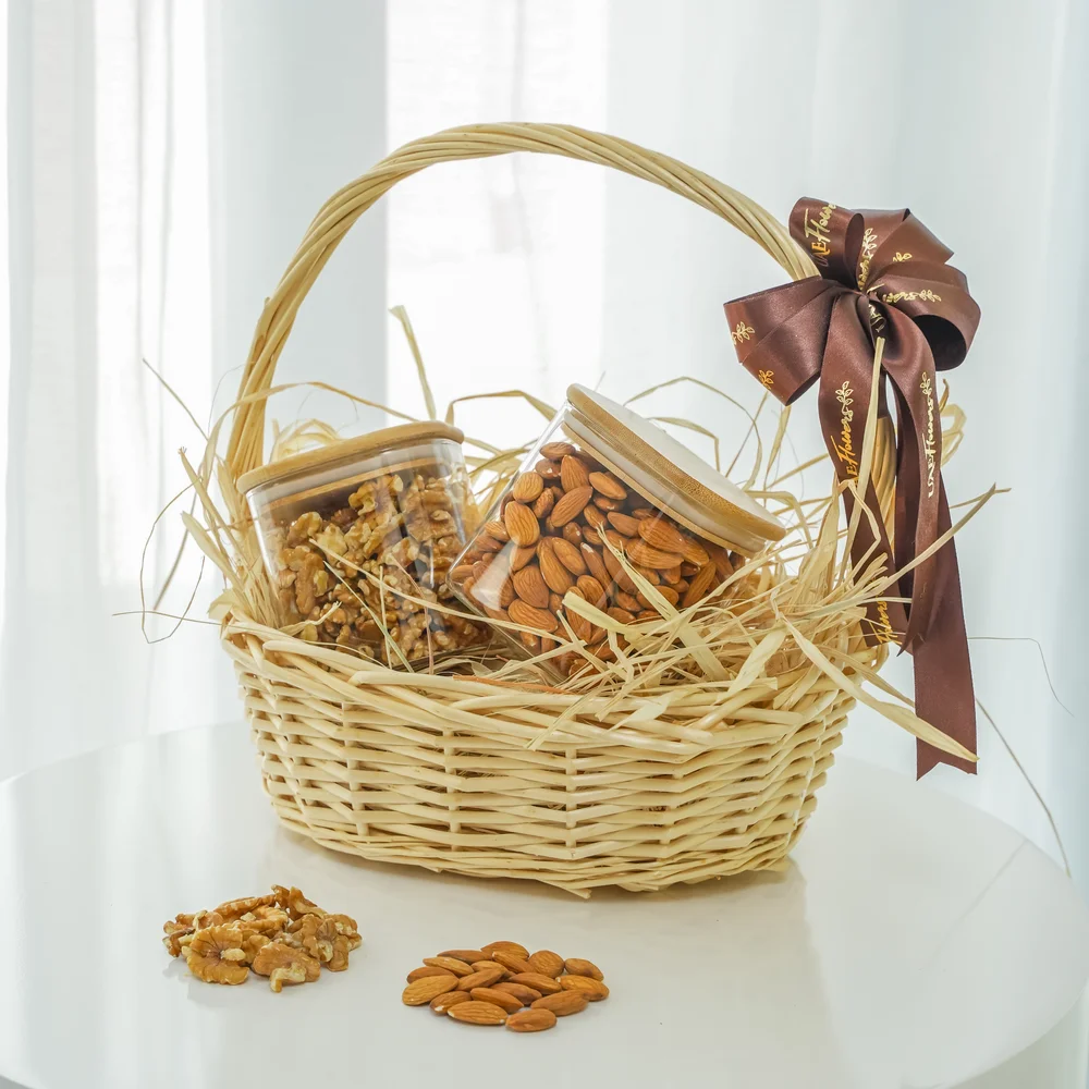 Walnuts and Almonds in a handle basket.