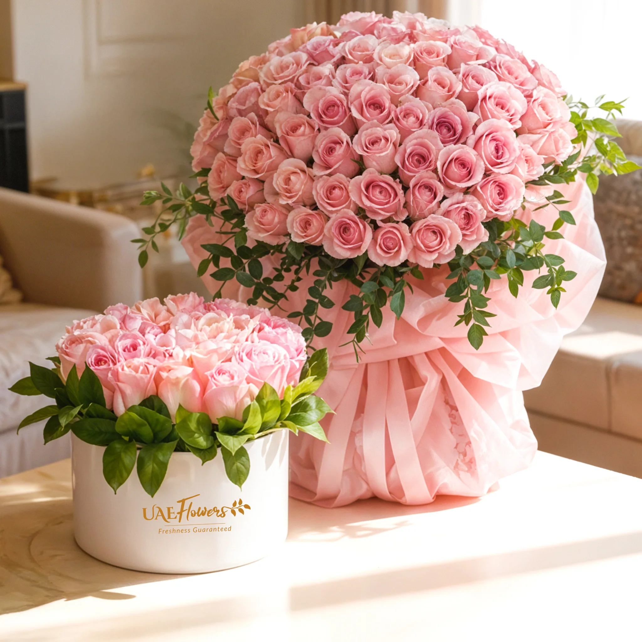 Bouquet of 40 pink roses paired with a 30 pink rose box