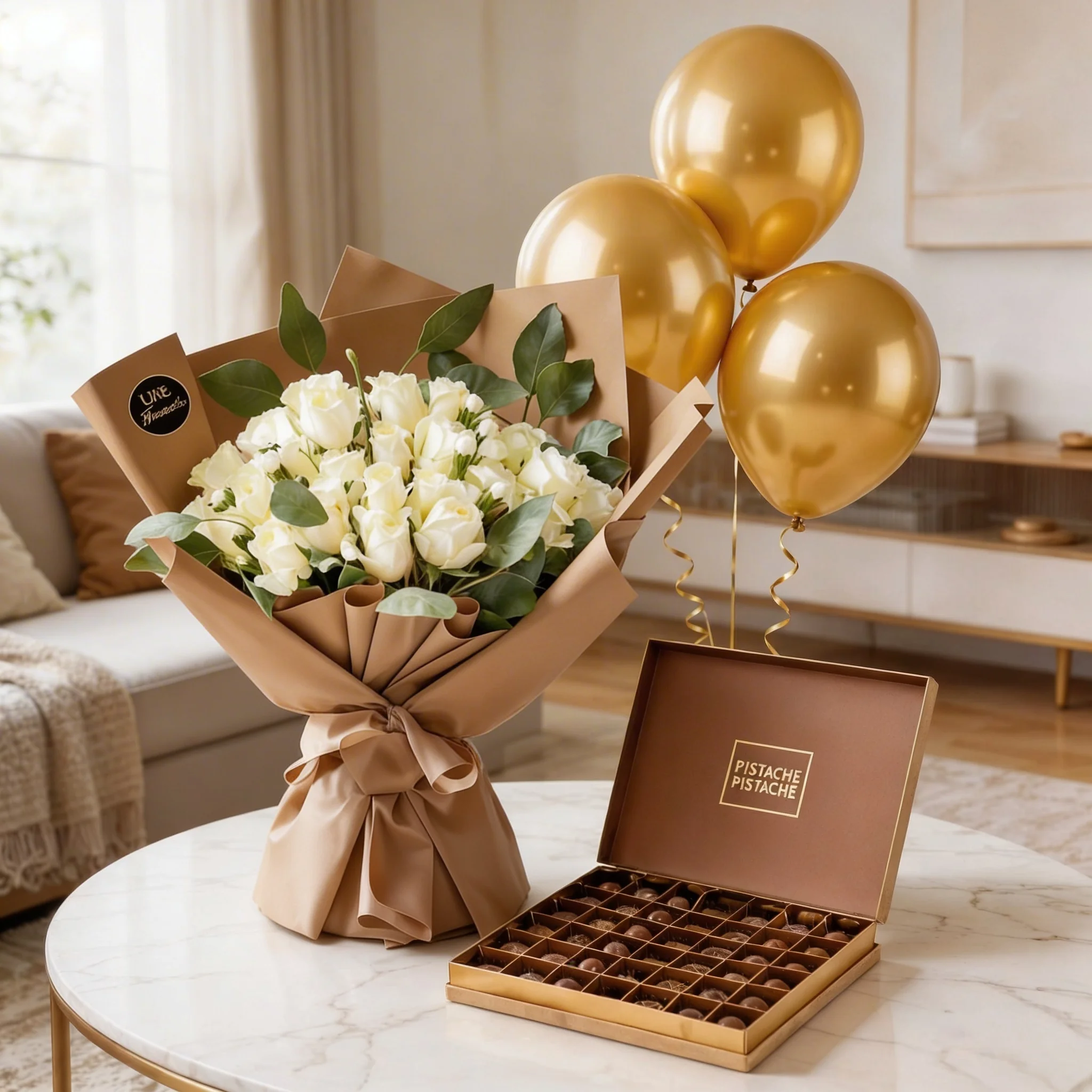 Bouquet of 20 white roses with green fillers, gold balloons and luxury pistachio chocolate box arranged on table for gifting