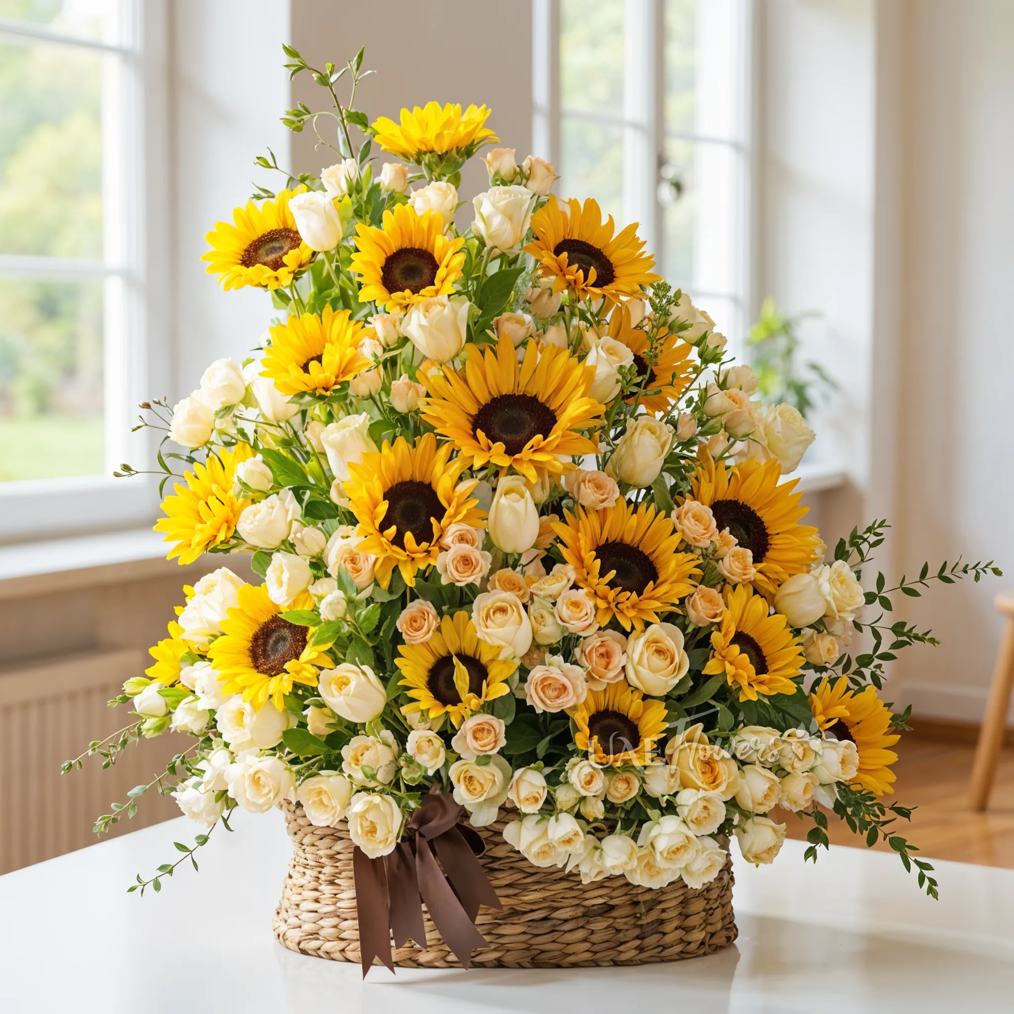 Basket arrangement of 15 sunflowers, 20 peach roses and 15 peach spray roses with fillers.