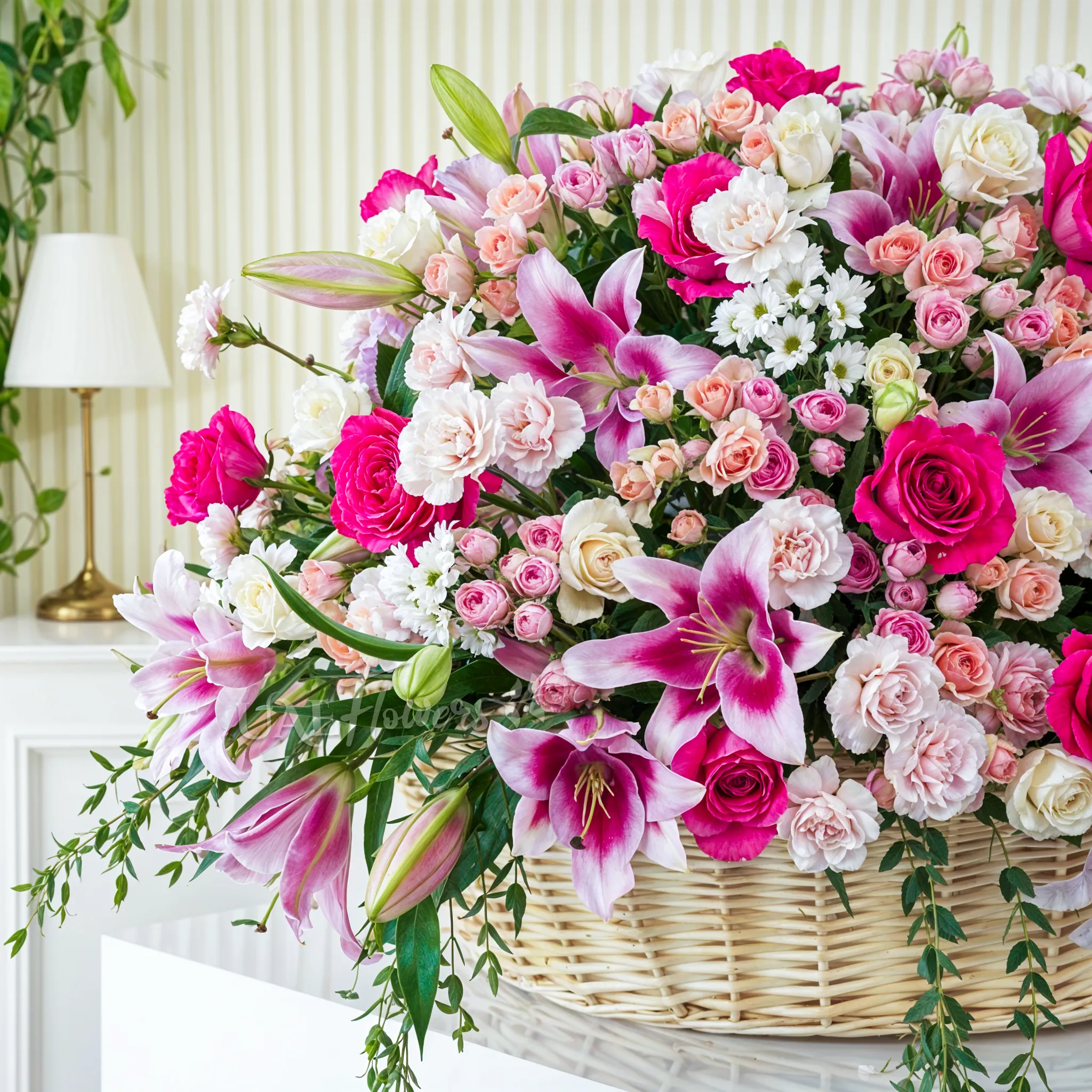 20 Pink Lilies, 50 Peach Spray Roses, 70 Carnations,70 Cream Roses,20 White Mums and 30 Fuchsia Roses arranged in a basket