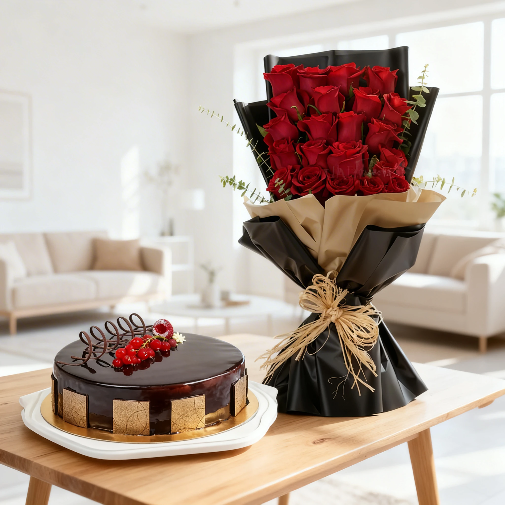 Romantic combo of 20 red roses bouquet with dark chocolate cake gift set