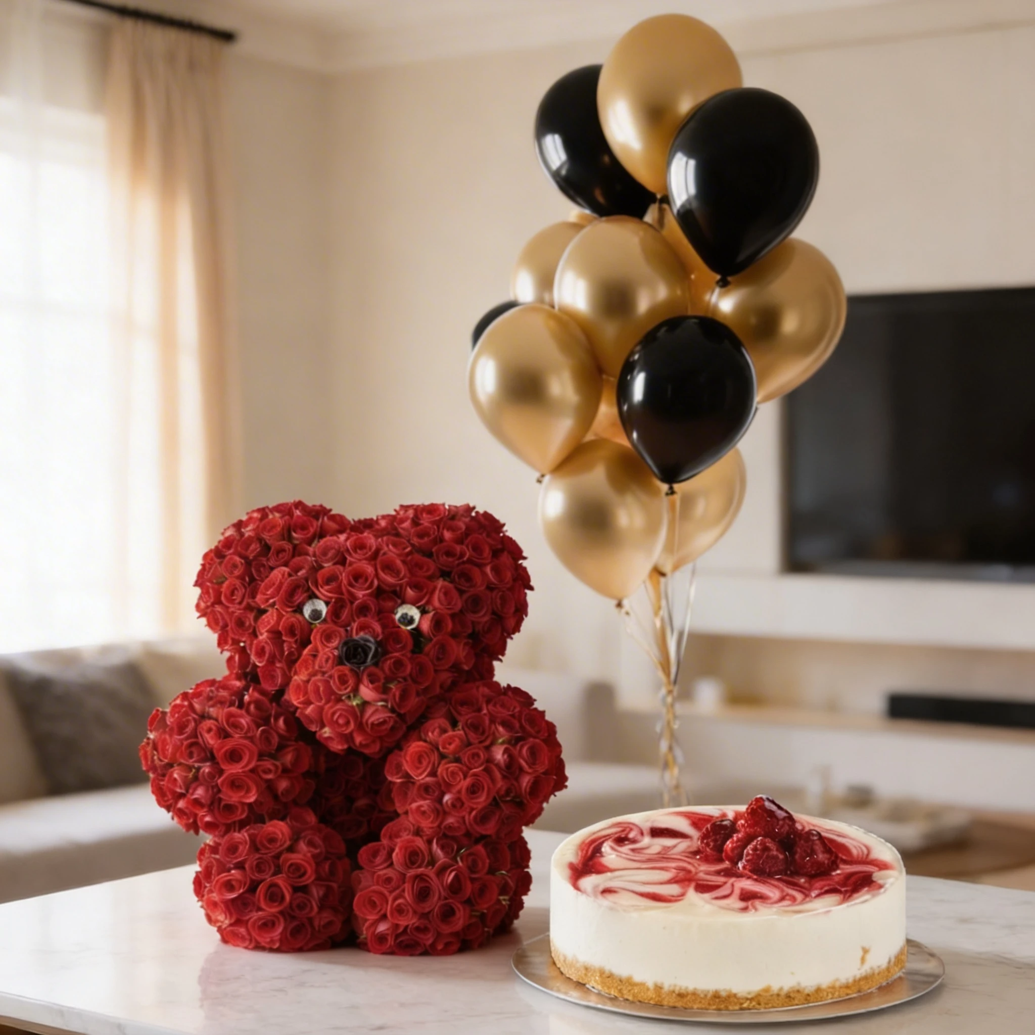 Teddy of Red spray roses, 1 Kg Raspberry Cheesecake and set of 5 black & 5 golden balloons. Teddy of Red spray roses, 1 Kg Raspberry Cheesecake and set of 5 black & 5 golden balloons.