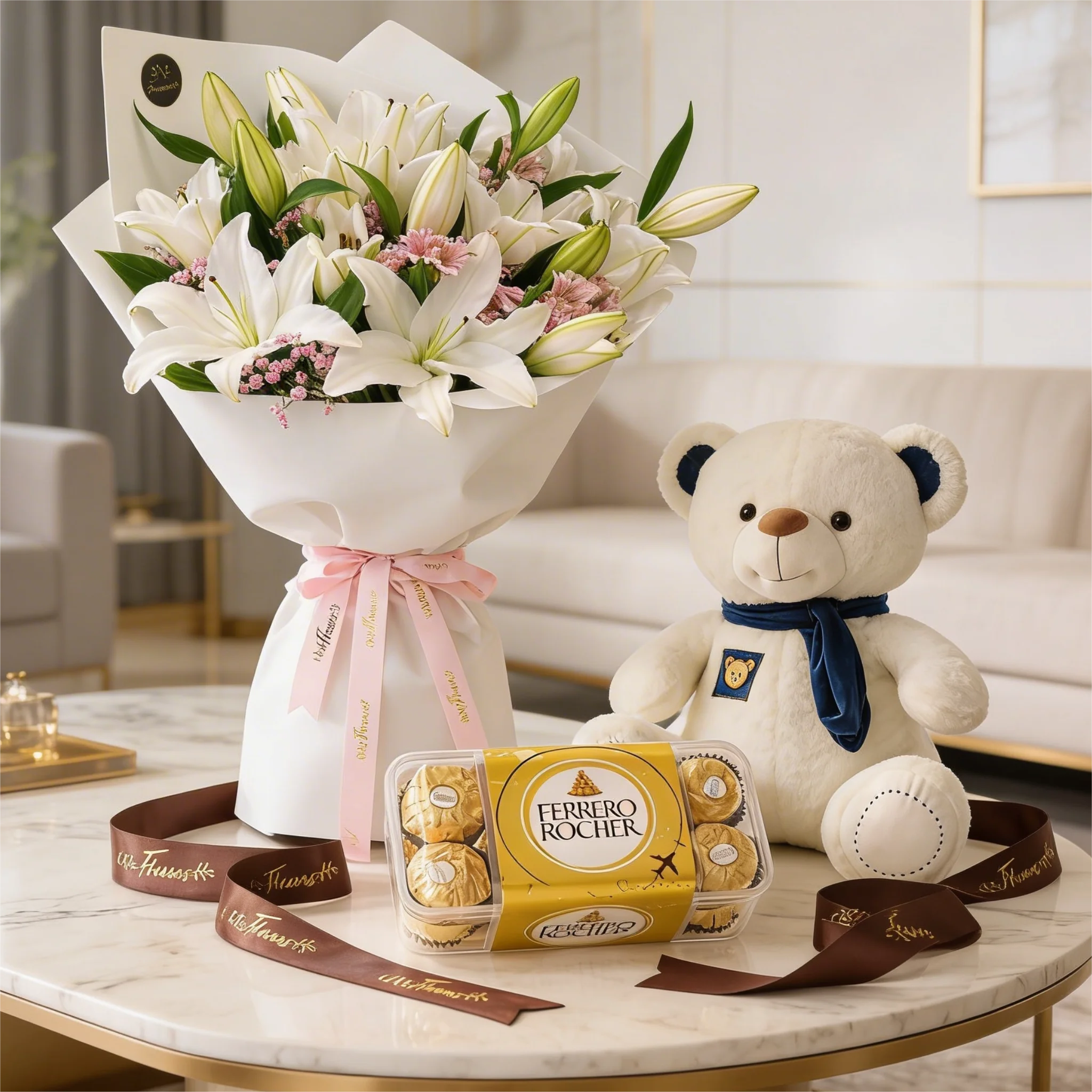Gift combo of white lilies bouquet with teddy bear and Ferrero chocolates arranged for delivery across UAE
