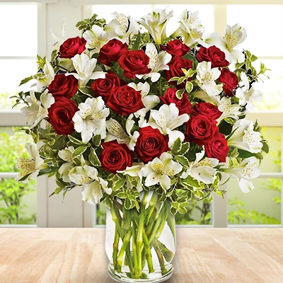 20 red roses and 10 white alstroemeria with fillers in a vase