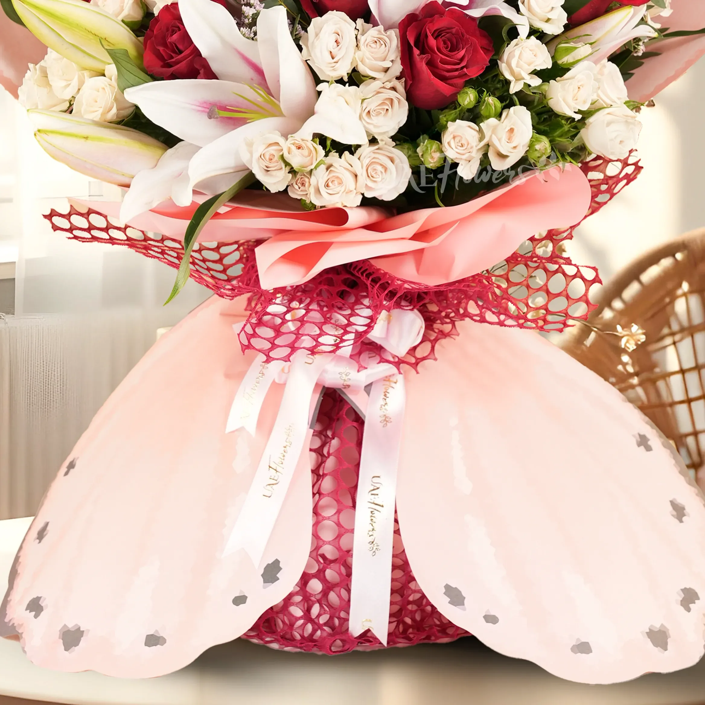 Butterfly bouquet with 2 pink lilies, 10 red roses, and 5 white spray roses