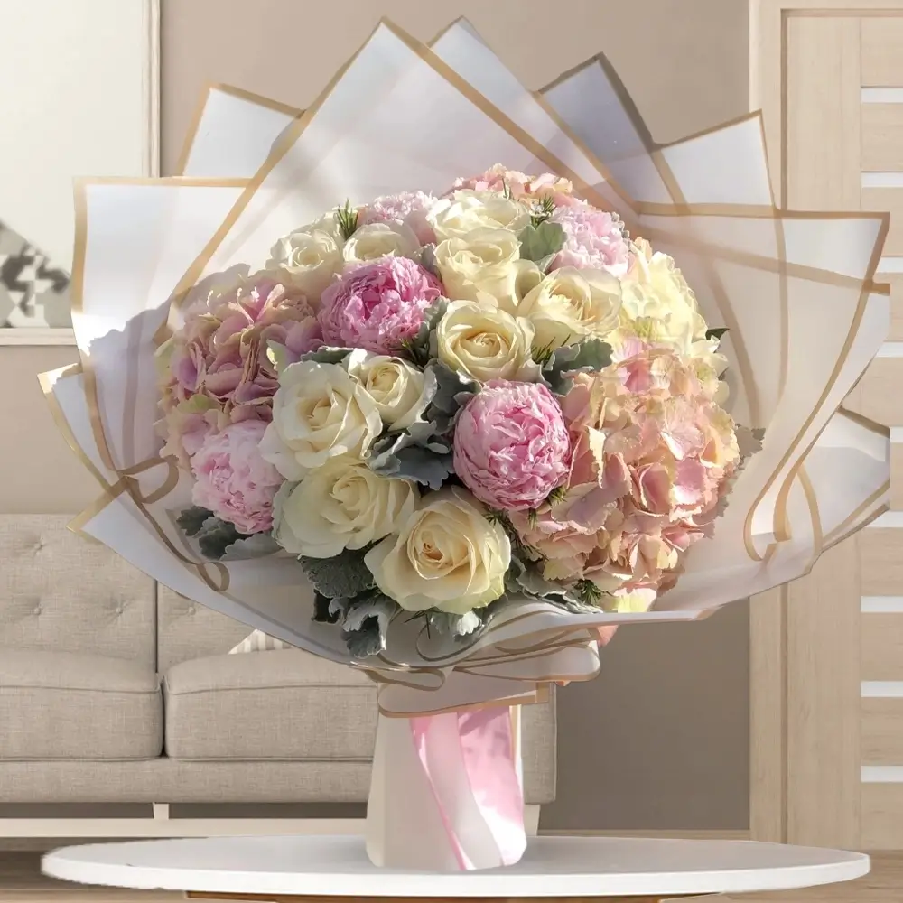 bouquet with 20 white roses, 5 pink peonies, 4 pink hydrangeas
