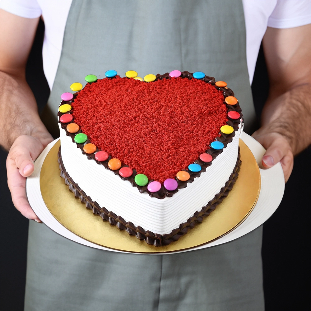 1 kg heart shape red velvet gems cake