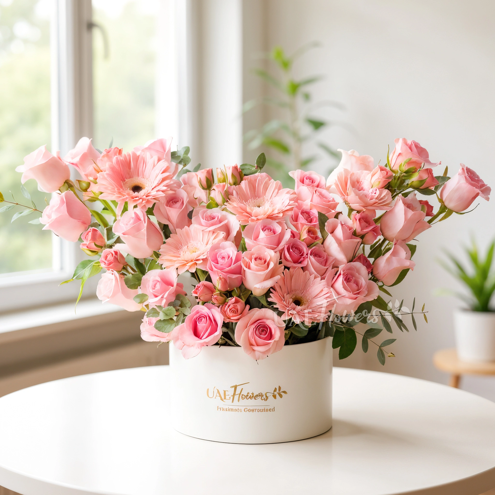 A box arrangement of 5 pink gerberas, 20 pink roses and 3 pink spray roses with green fillers. A box arrangement of 5 pink gerberas, 20 pink roses and 3 pink spray roses with green fillers.