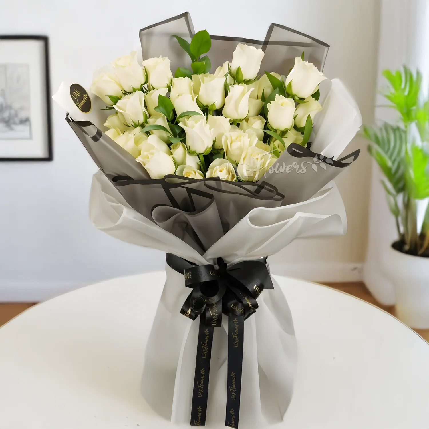 bouquet of 30 white roses paired with green fillers