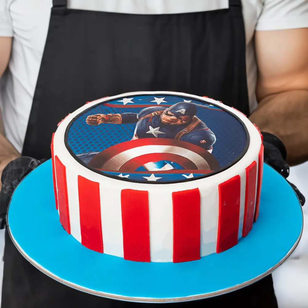 2Kg chocolate sponge cake with chocolate ganache filling and Captain America photo design