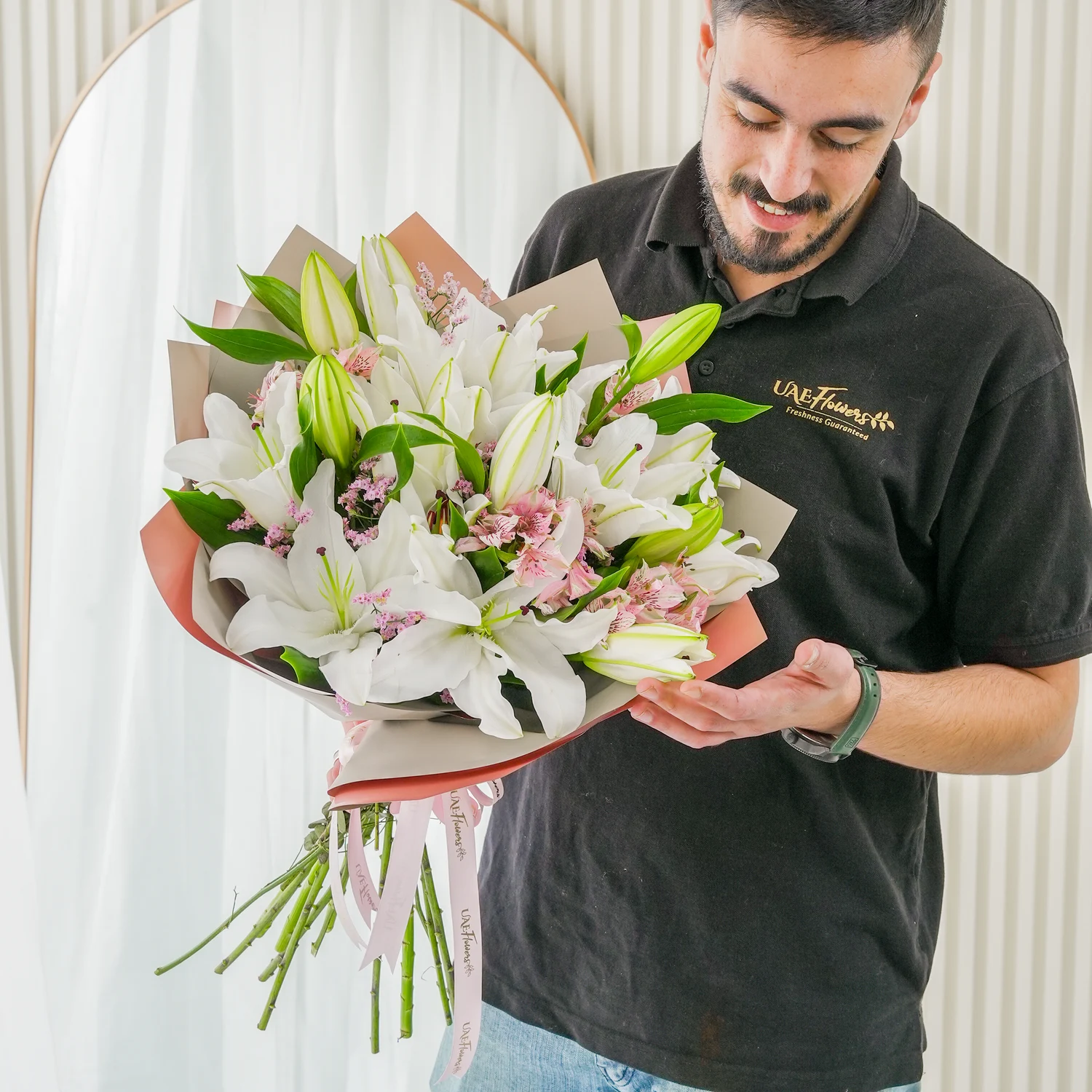 white lilies and white alstroemeria