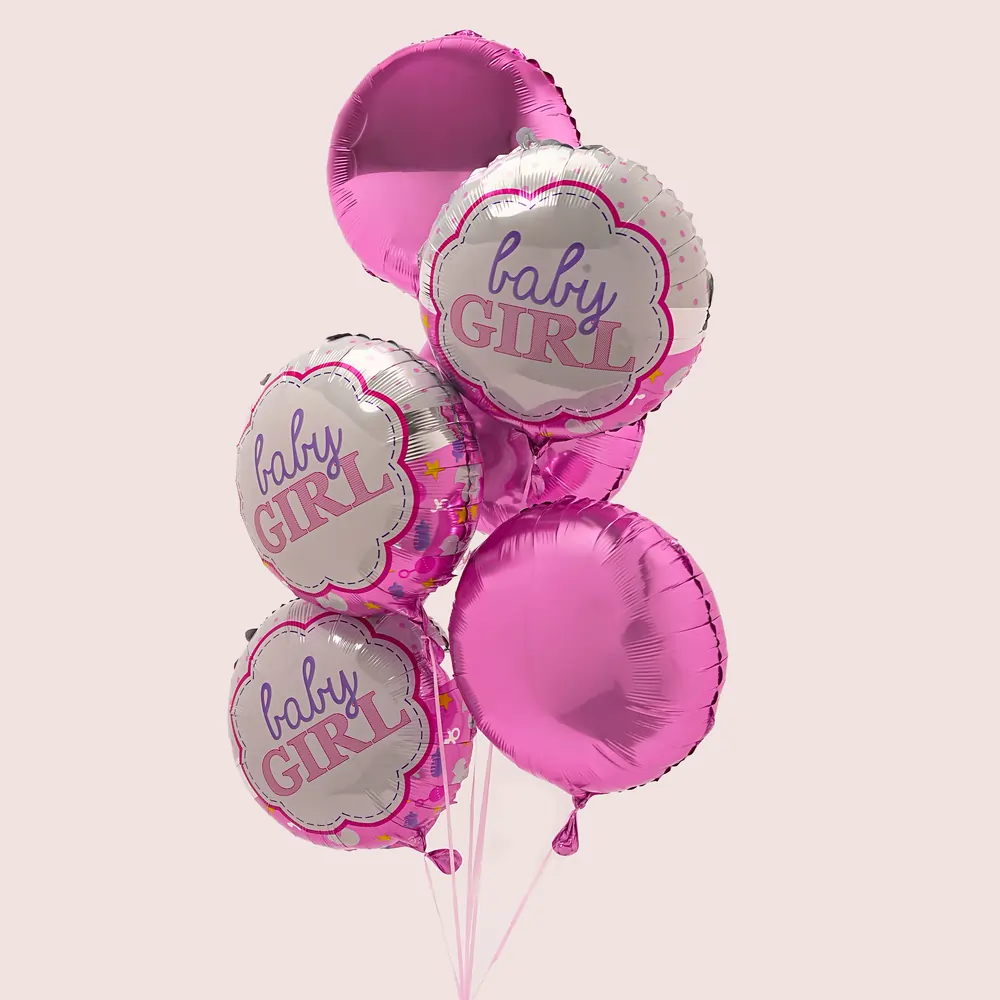 3 baby girl balloons and 3 plane foil balloons