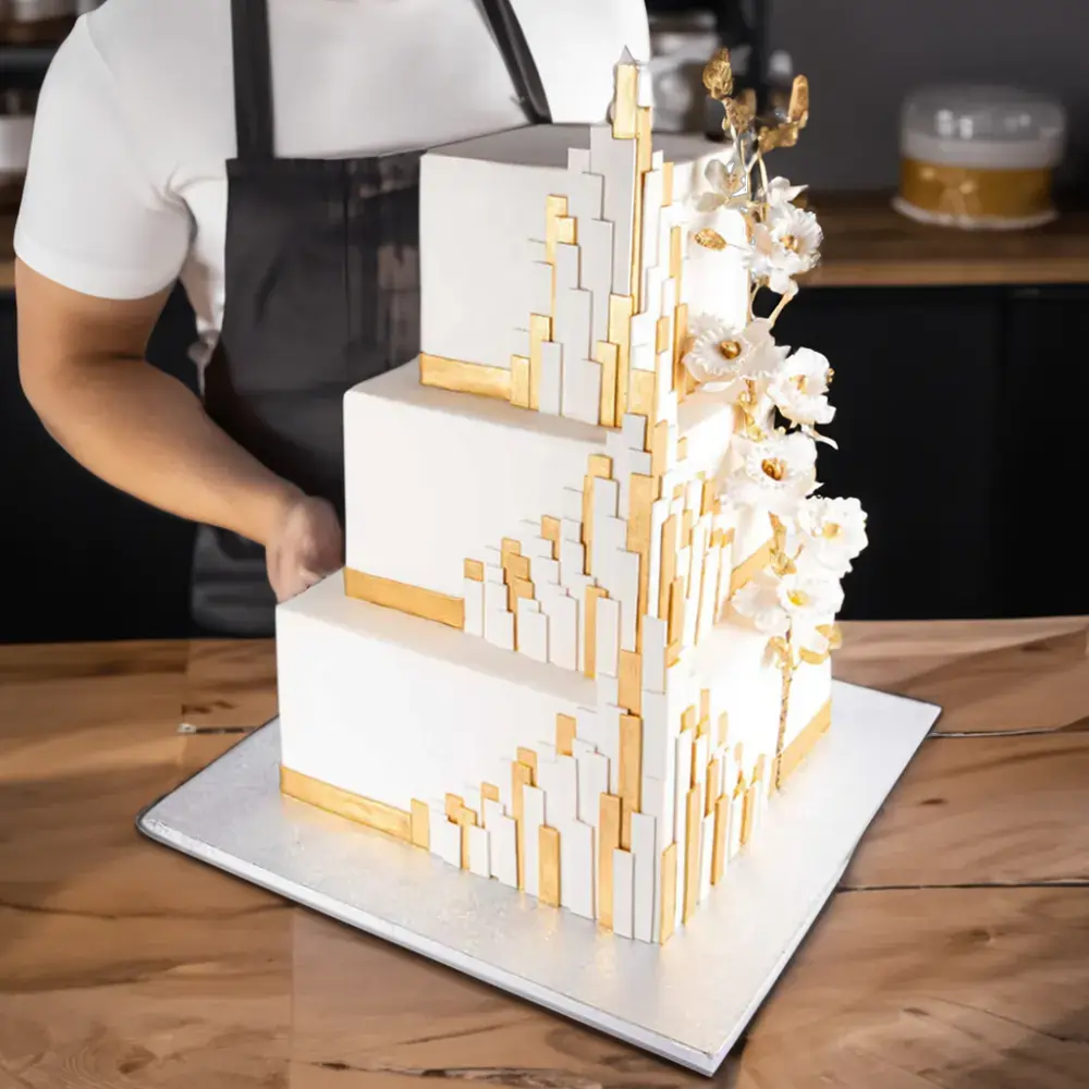 12kg gold geometric wedding cake with modern design, perfect for stylish wedding celebrations