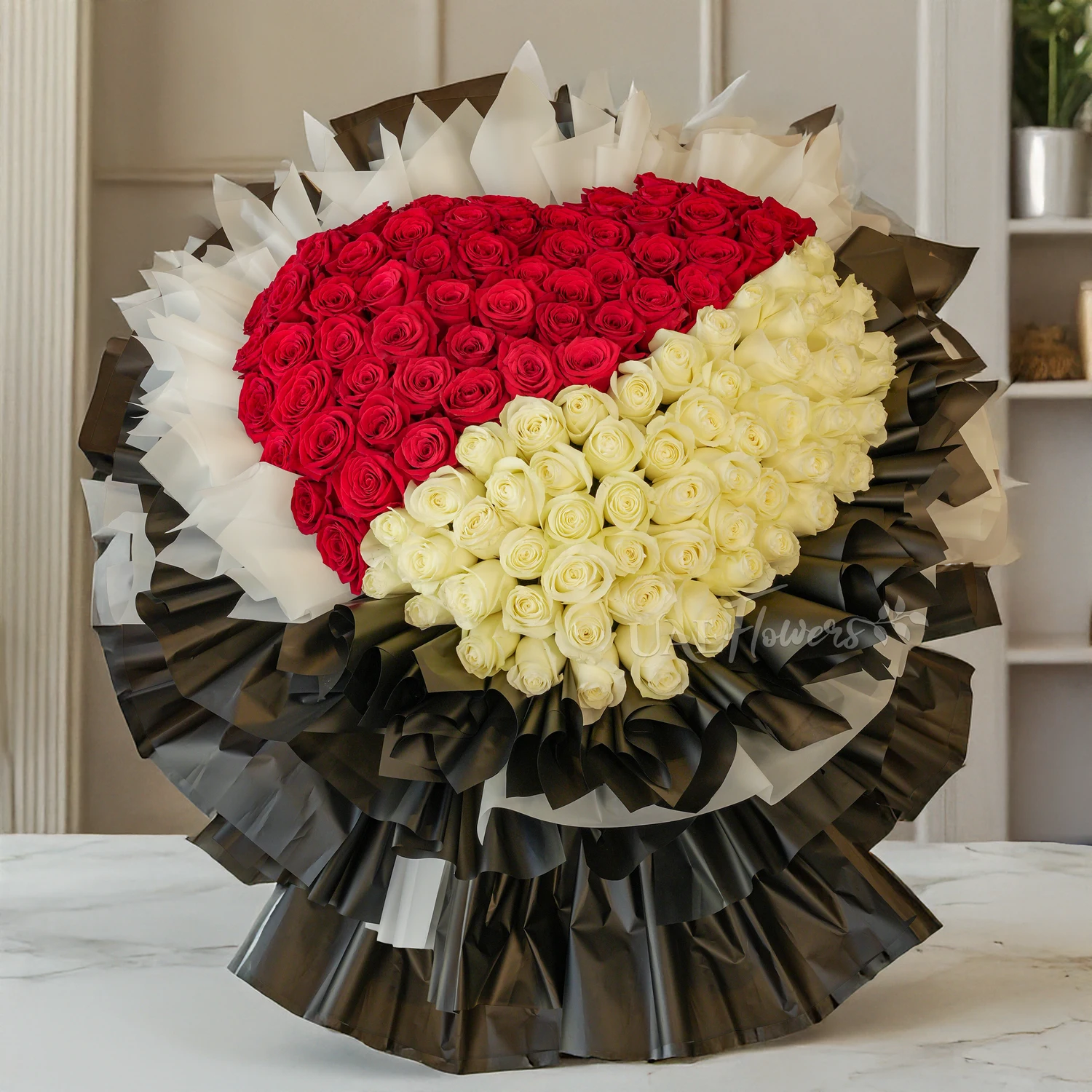 bouquet with 60 red and 60 white roses wrapped in black and white paper packing
