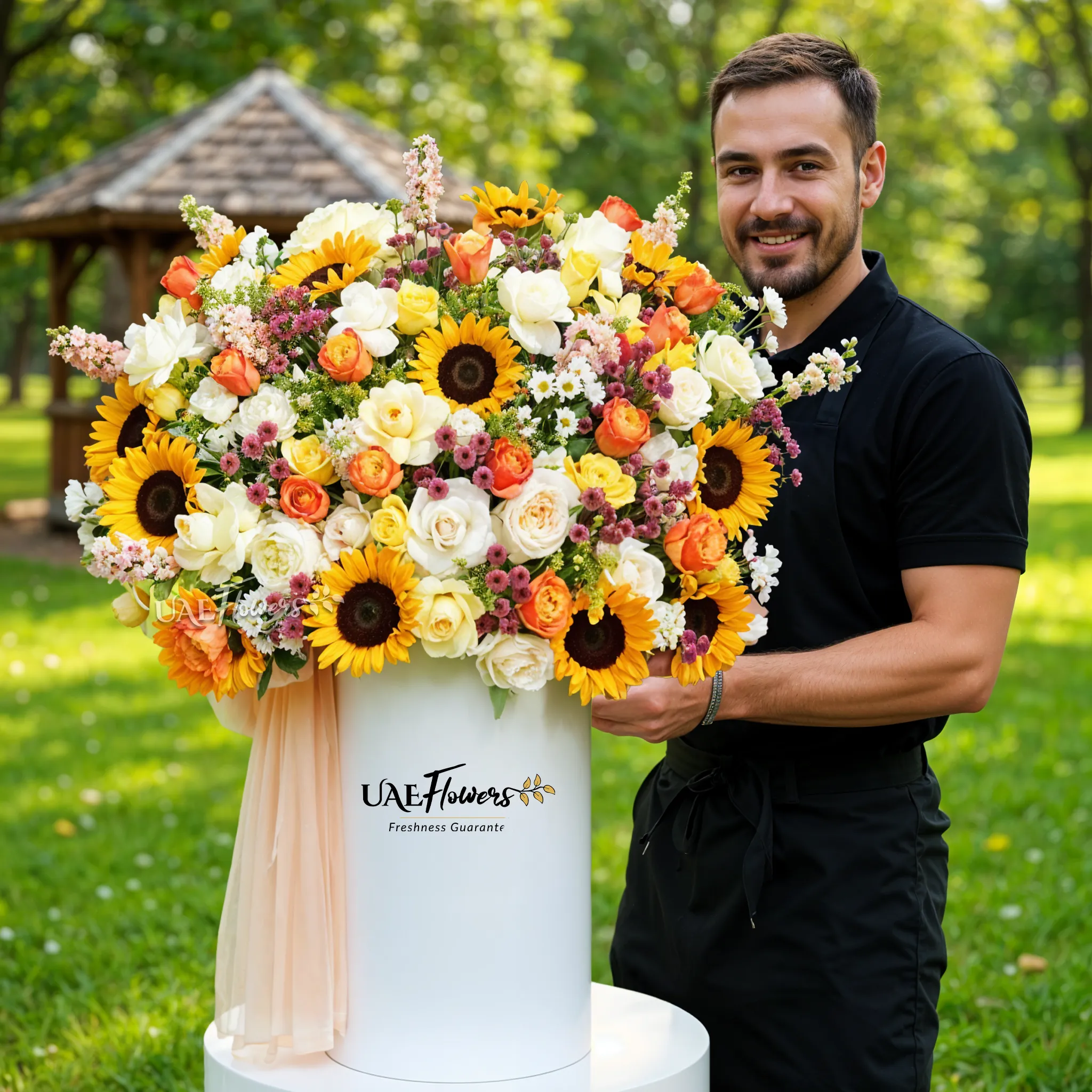 An arrangement of sunflowers, peach roses, cream roses, yellow roses, orange roses, meron button chrysanthemum, white button chrysanthemum and peach mattihola with green fillers and peach net in a tall round box.