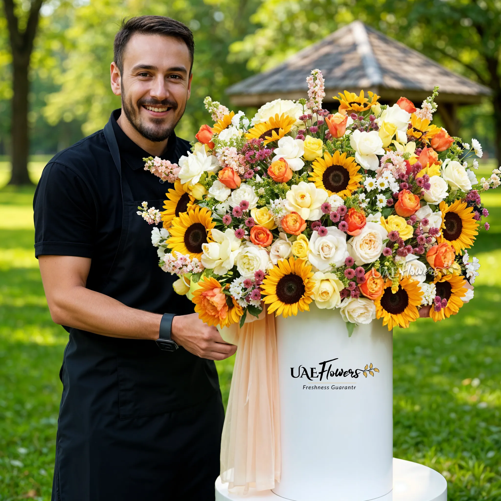 An arrangement of sunflowers, peach roses, cream roses, yellow roses, orange roses, meron button chrysanthemum, white button chrysanthemum and peach mattihola with green fillers and peach net in a tall round box.