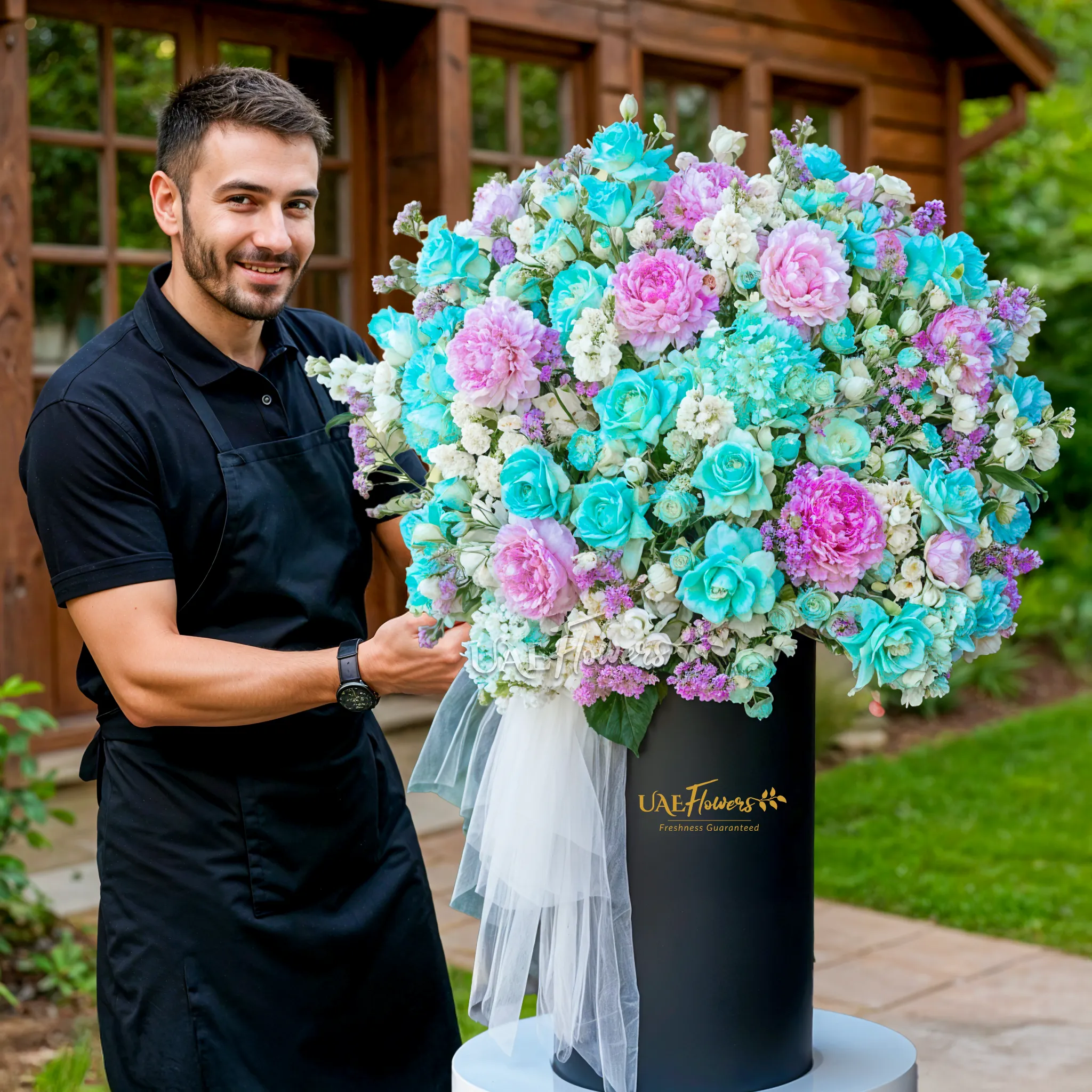 An arrangement of pink peonies, blue hydrangeas, blue color roses, white matthiola and white and blue spray roses with green fillers and white net in a tall round box.