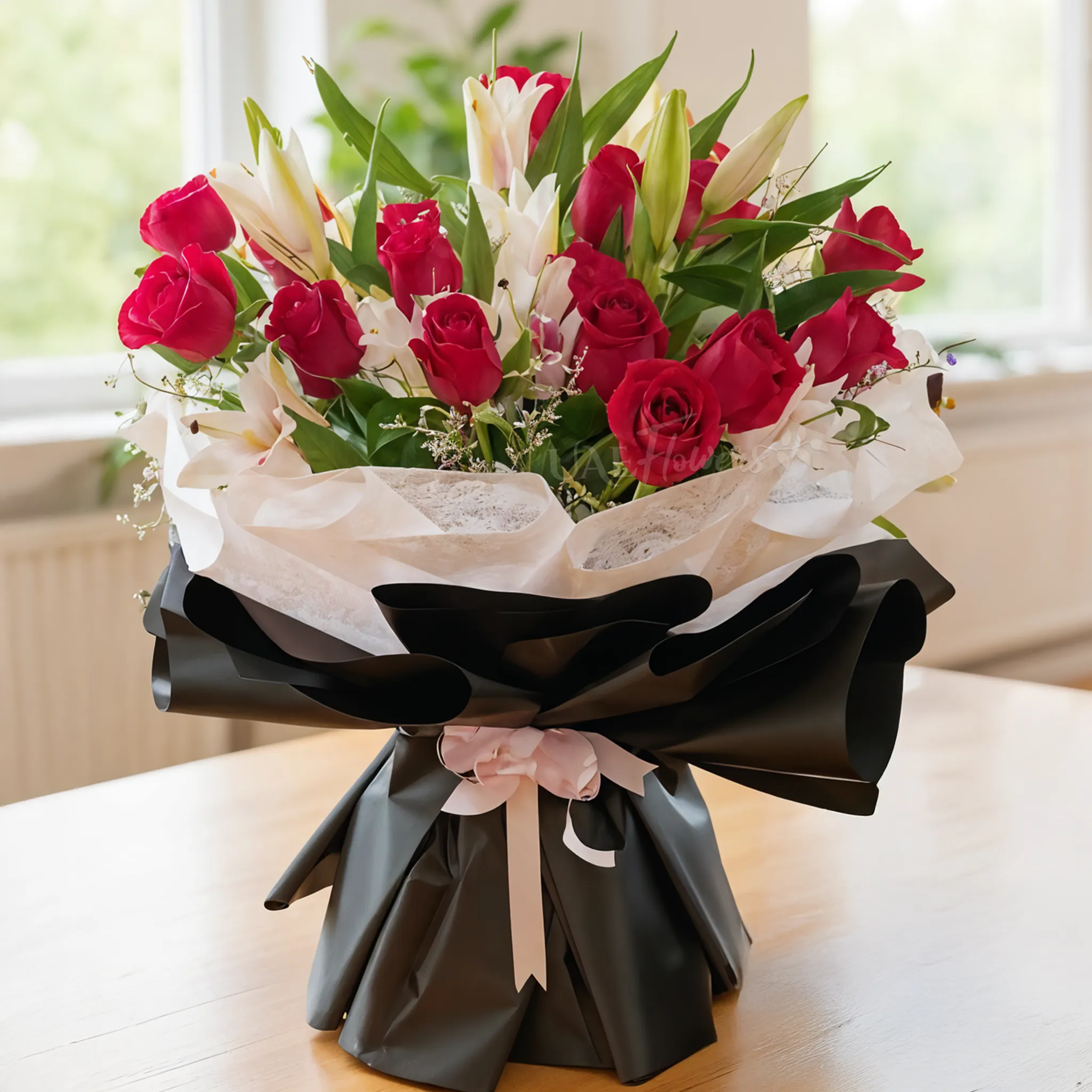 A bouquet of 4 pink lilies & 10 red roses in pink wrapping paper tied with a pink ribbon