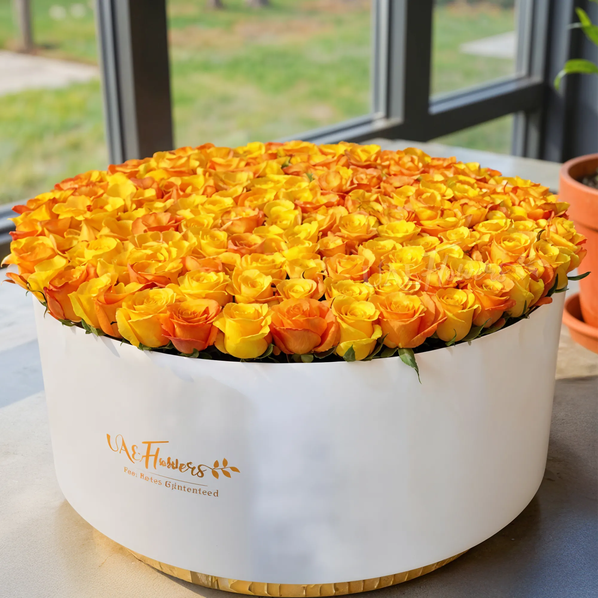 300 yellow and orange roses with green fillers in a white round box