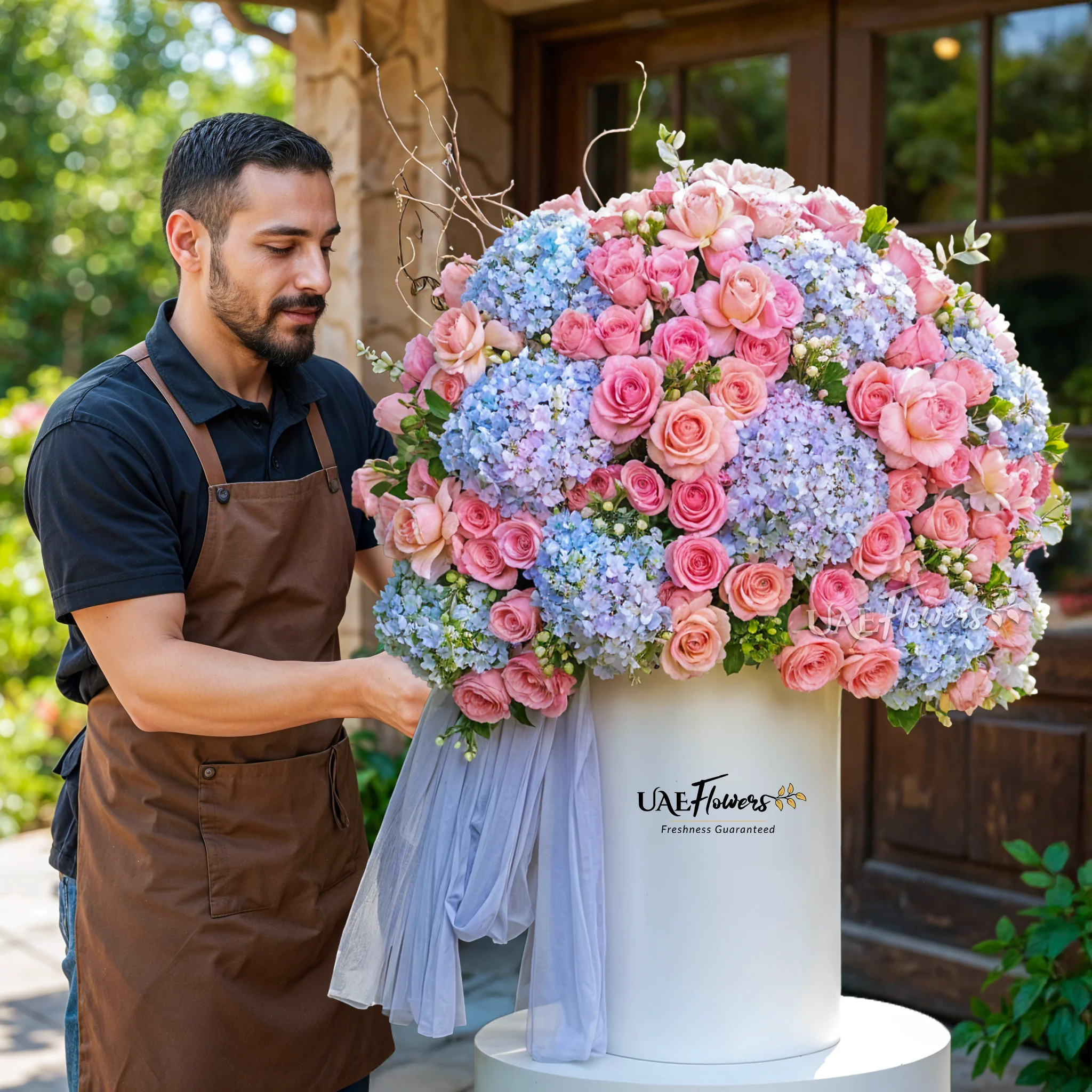 Blue hydrangeas and pink roses with green fillers and a blue net in a tall round box.