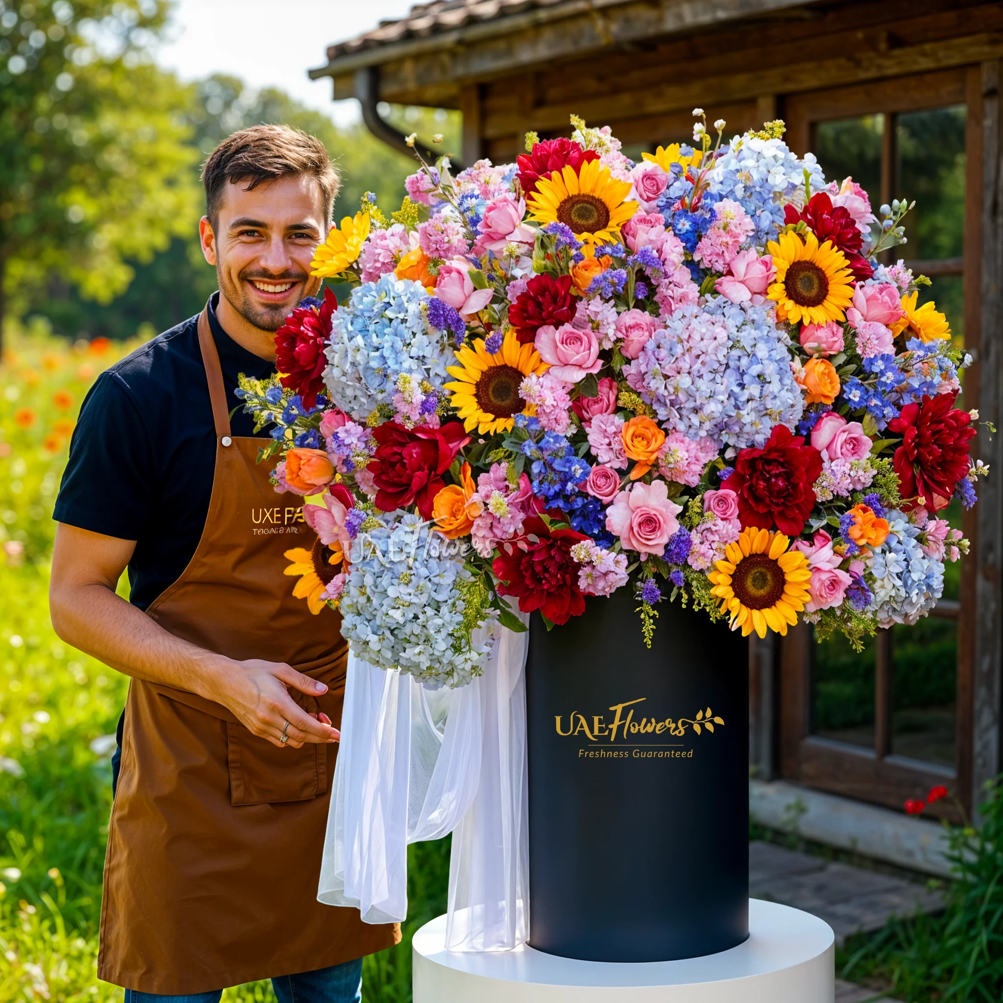 An arrangement of blue Hydrangeas, sunflowers, blue mattihola, purple lisianthus, orange roses, purple roses, red peonies with green fillers and blue net in a tall round box.