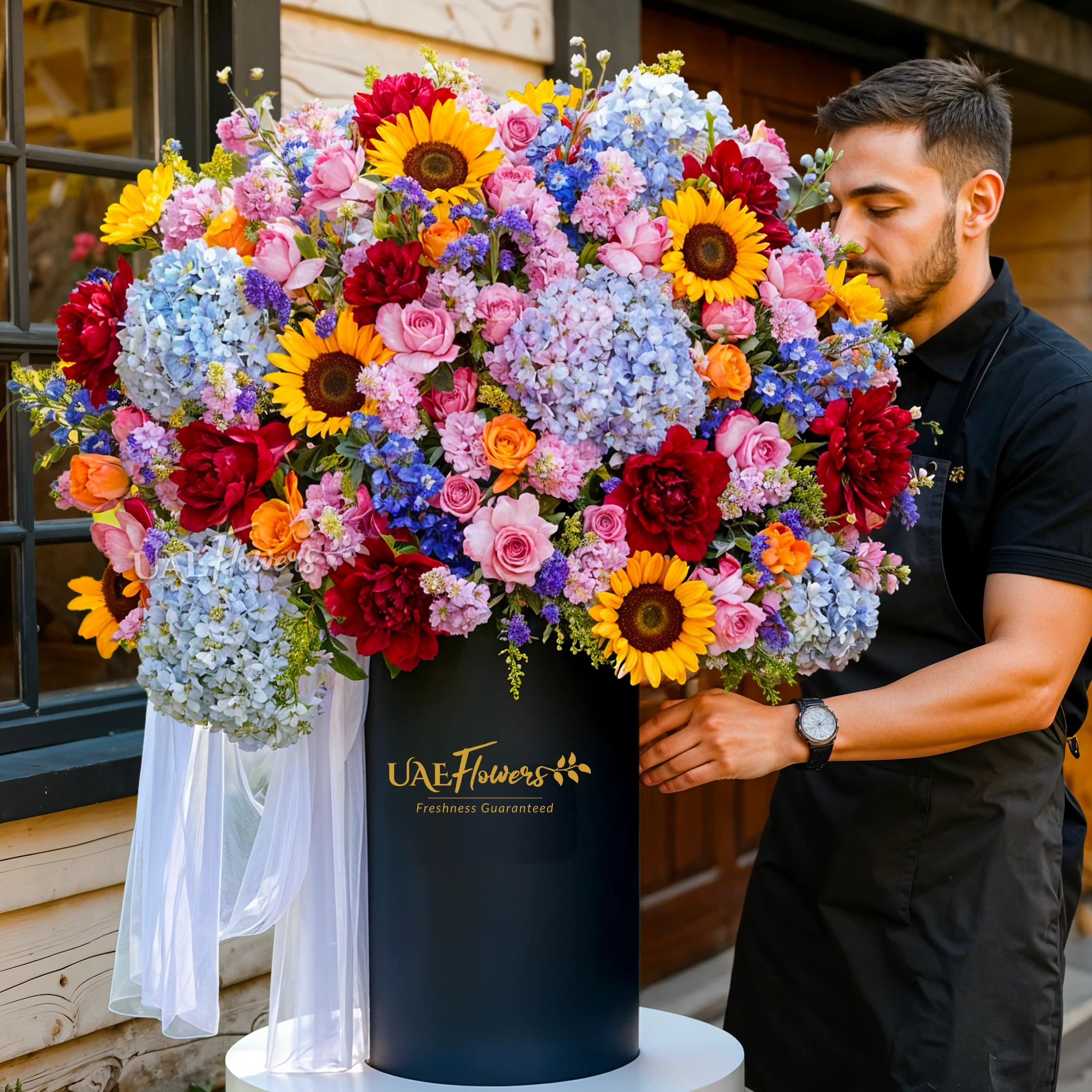 An arrangement of blue Hydrangeas, sunflowers, blue mattihola, purple lisianthus, orange roses, purple roses, red peonies with green fillers and blue net in a tall round box.