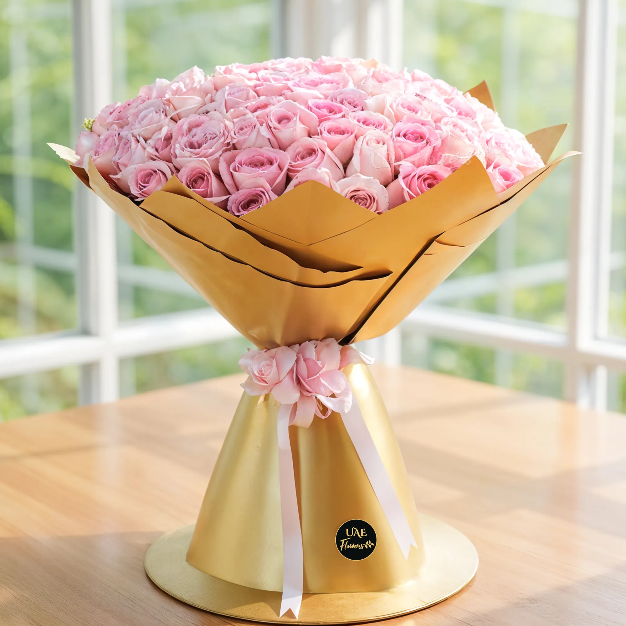 Luxurious bouquet of 100 pink roses, elegantly wrapped in brown paper with a pink satin ribbon. Perfect for anniversaries, birthdays, or heartfelt moments.
