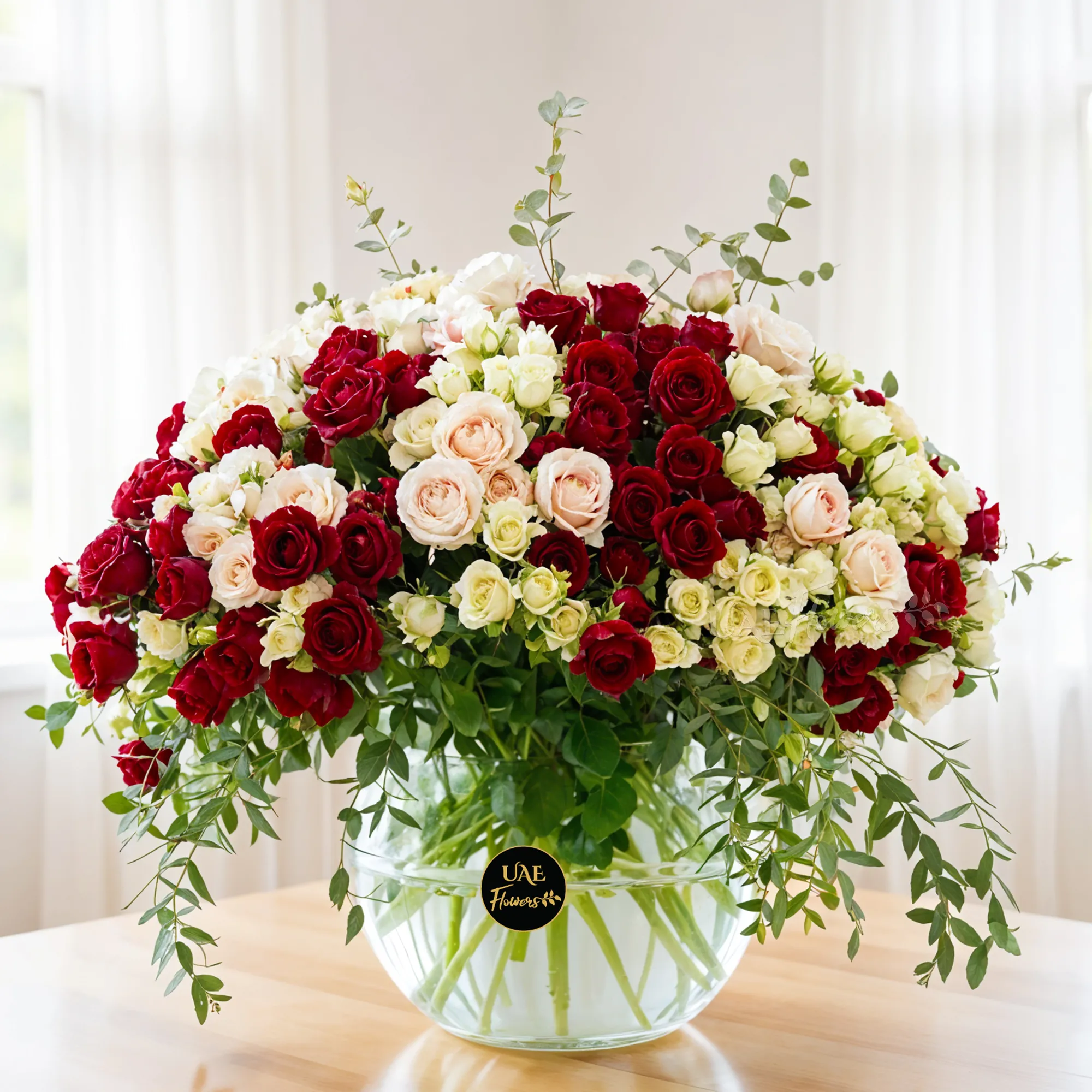glass vase with red, pink, and white spray roses with green fillers