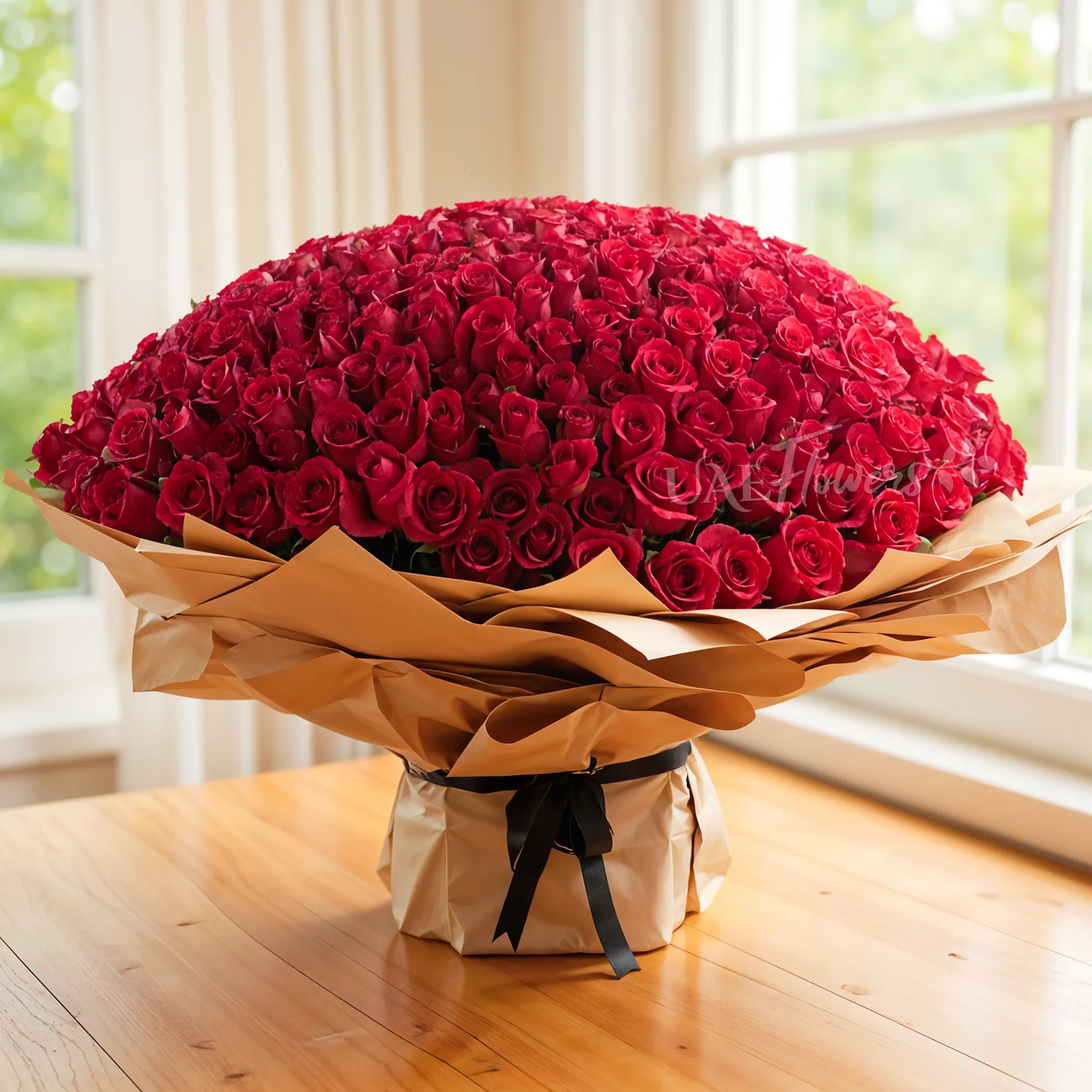 Bouquet of 600 red roses wrapped in wrapping paper and tied with ribbons.