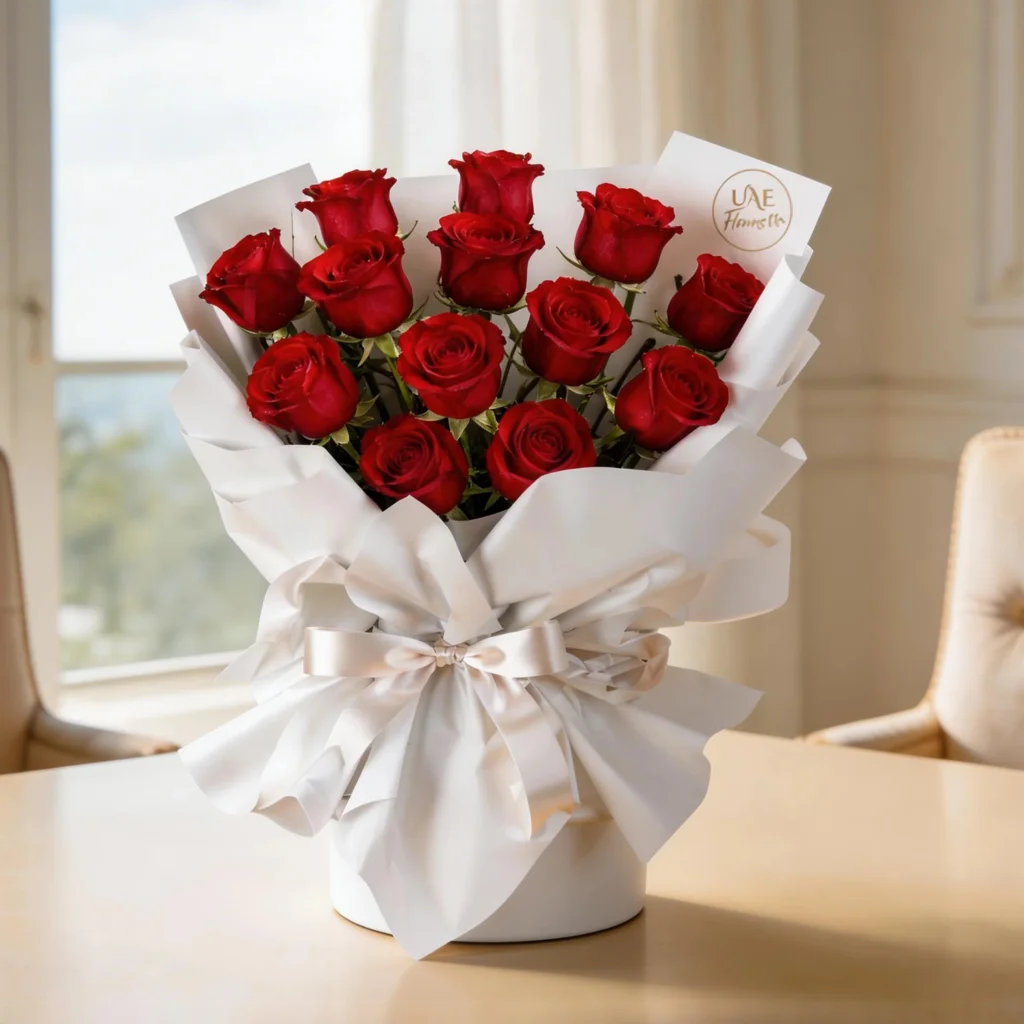 A bouquet of 12 red roses with green fillers in black and gold wrapping paper tied with red ribbon.