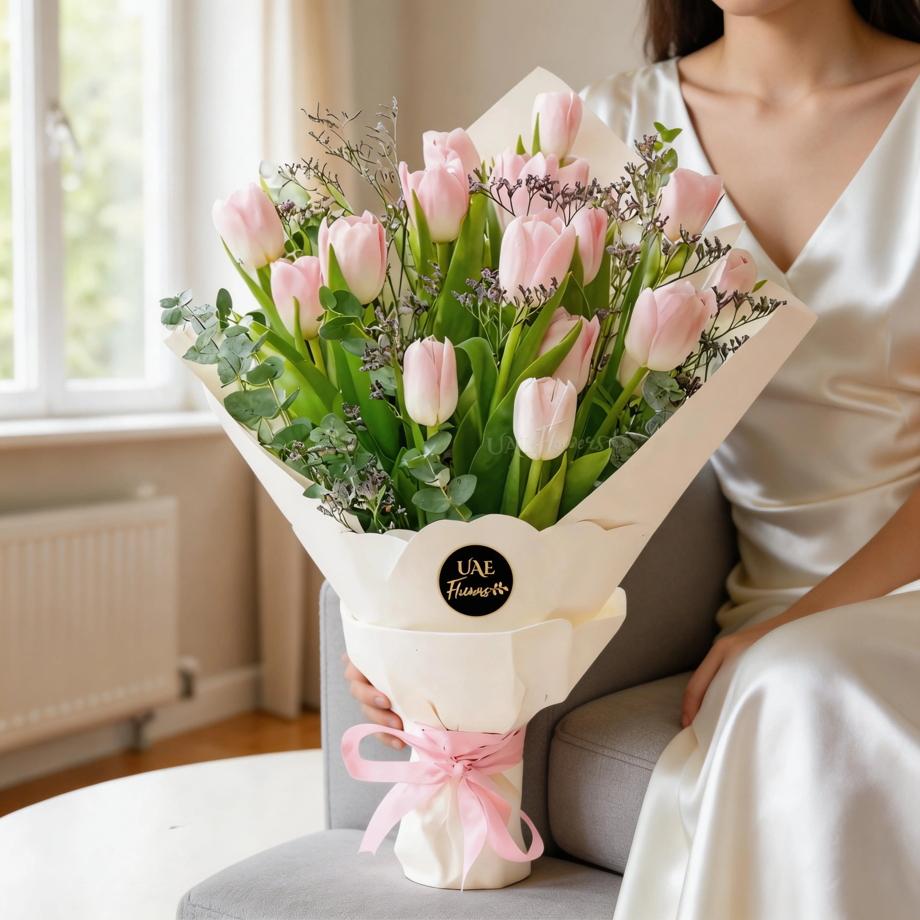 A bouquet of 15 pink tulips with greens in white wrapping paper tied with pink ribbon