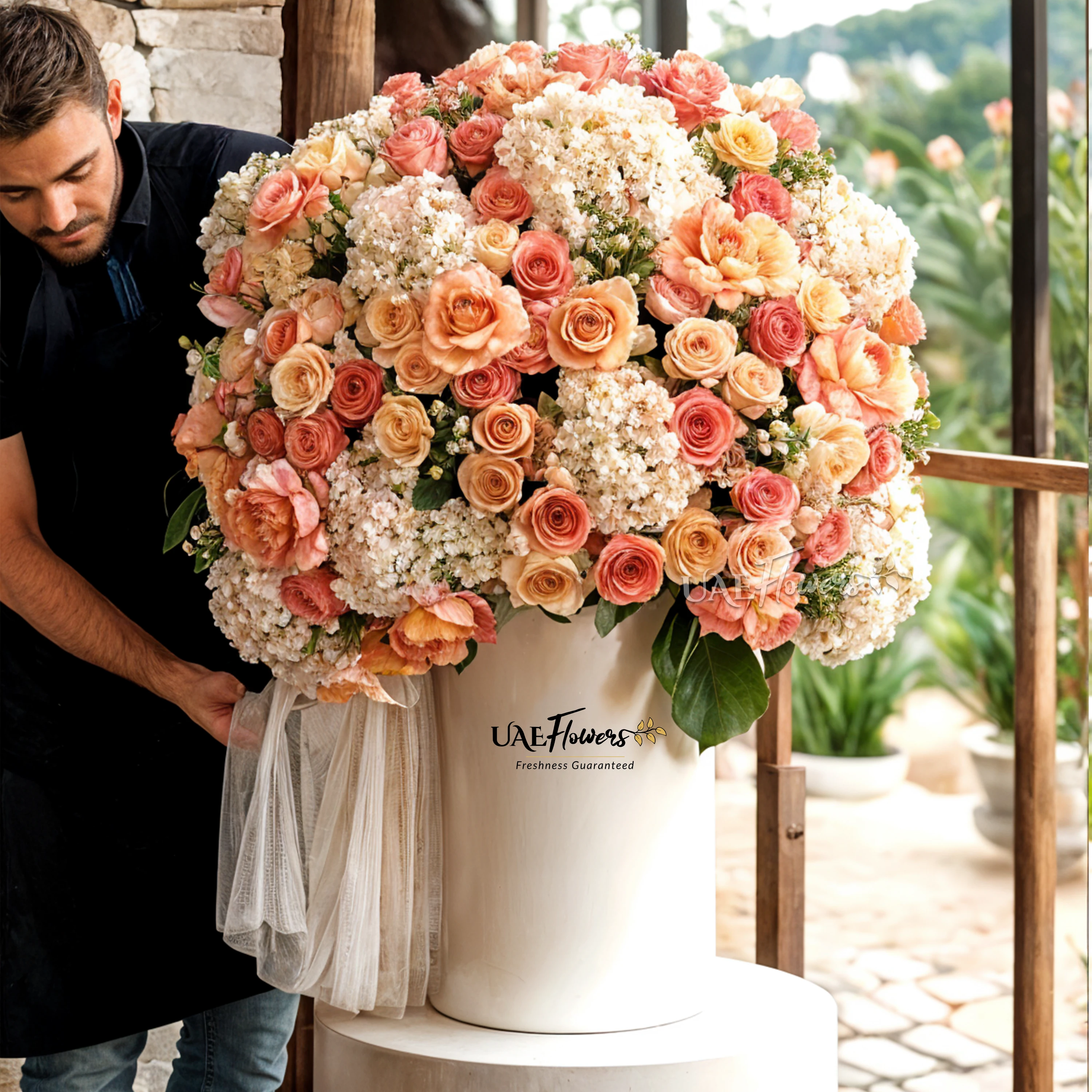 An arrangement of peach hydrangeas, peach roses and white hypericum with green fillers and pink net in a tall white box.