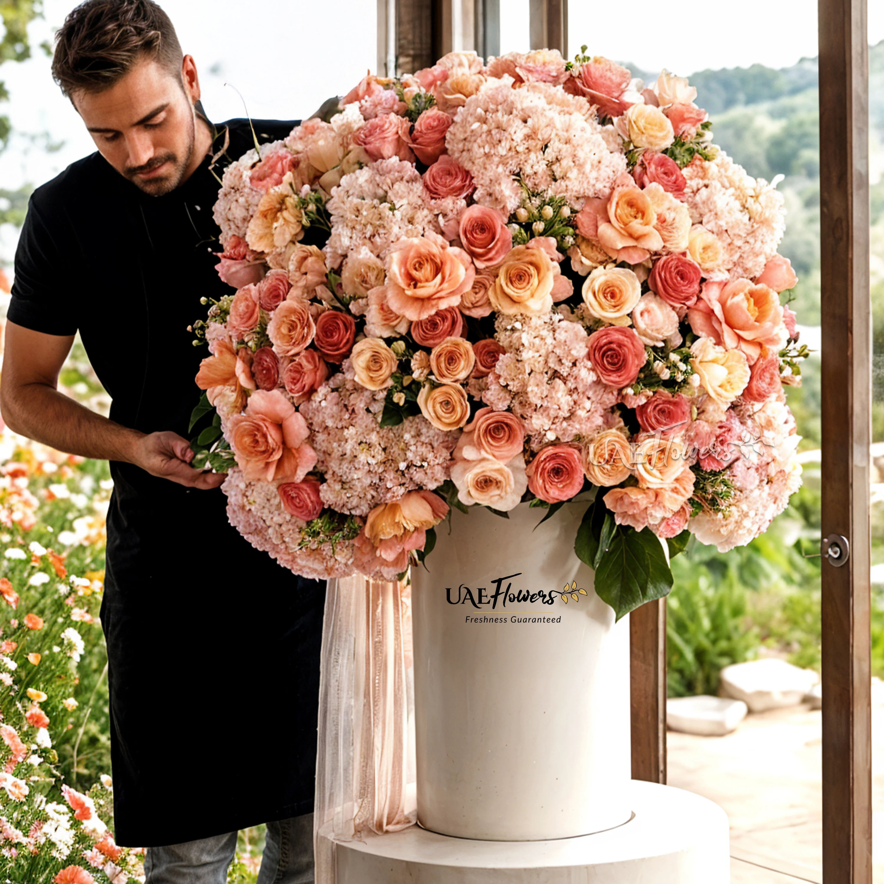 An arrangement of peach hydrangeas, peach roses and white hypericum with green fillers and pink net in a tall white box.