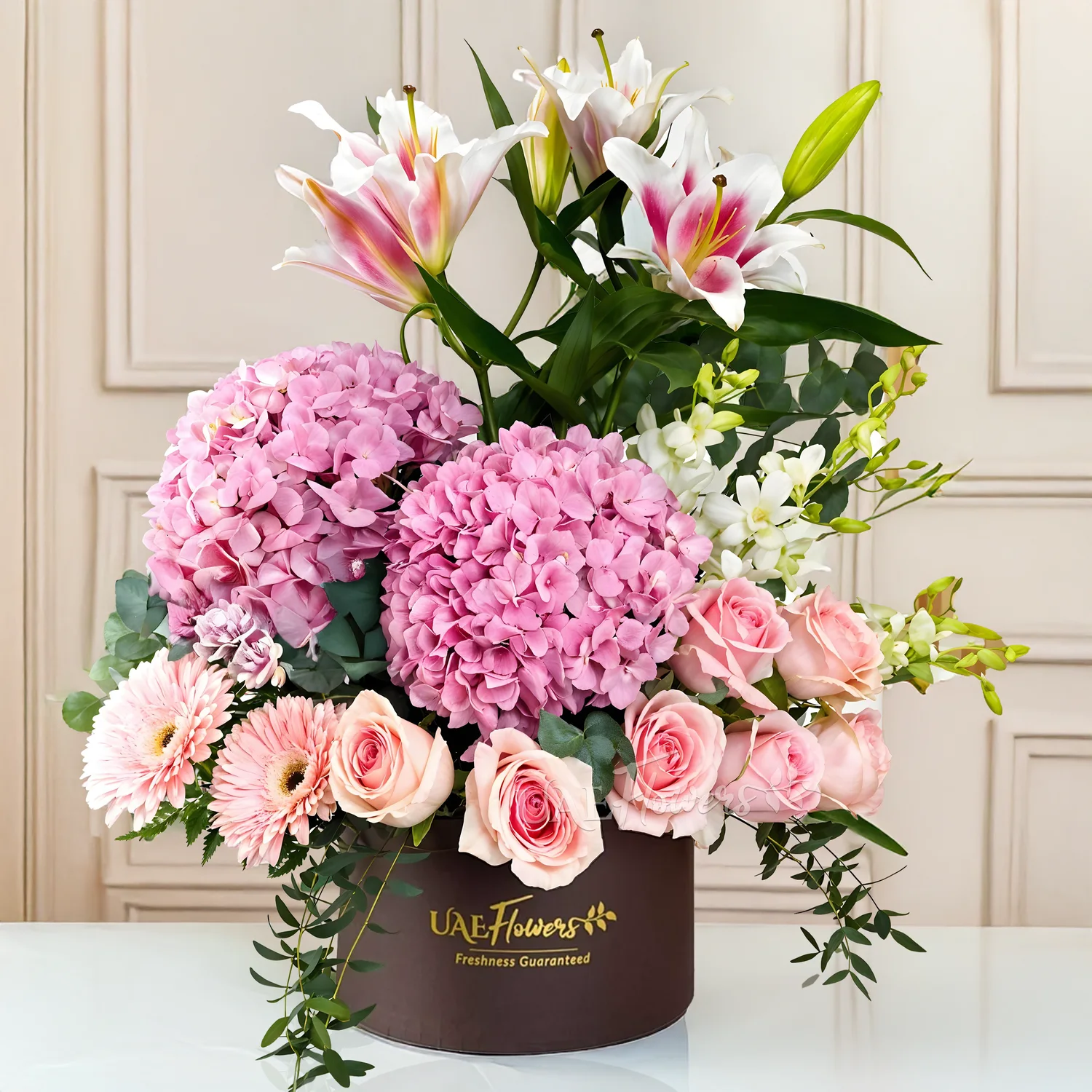 2 pink hydrangeas, 2 pink lilies, 10 pink roses, 3 pink gerberas, and 5 white orchids
