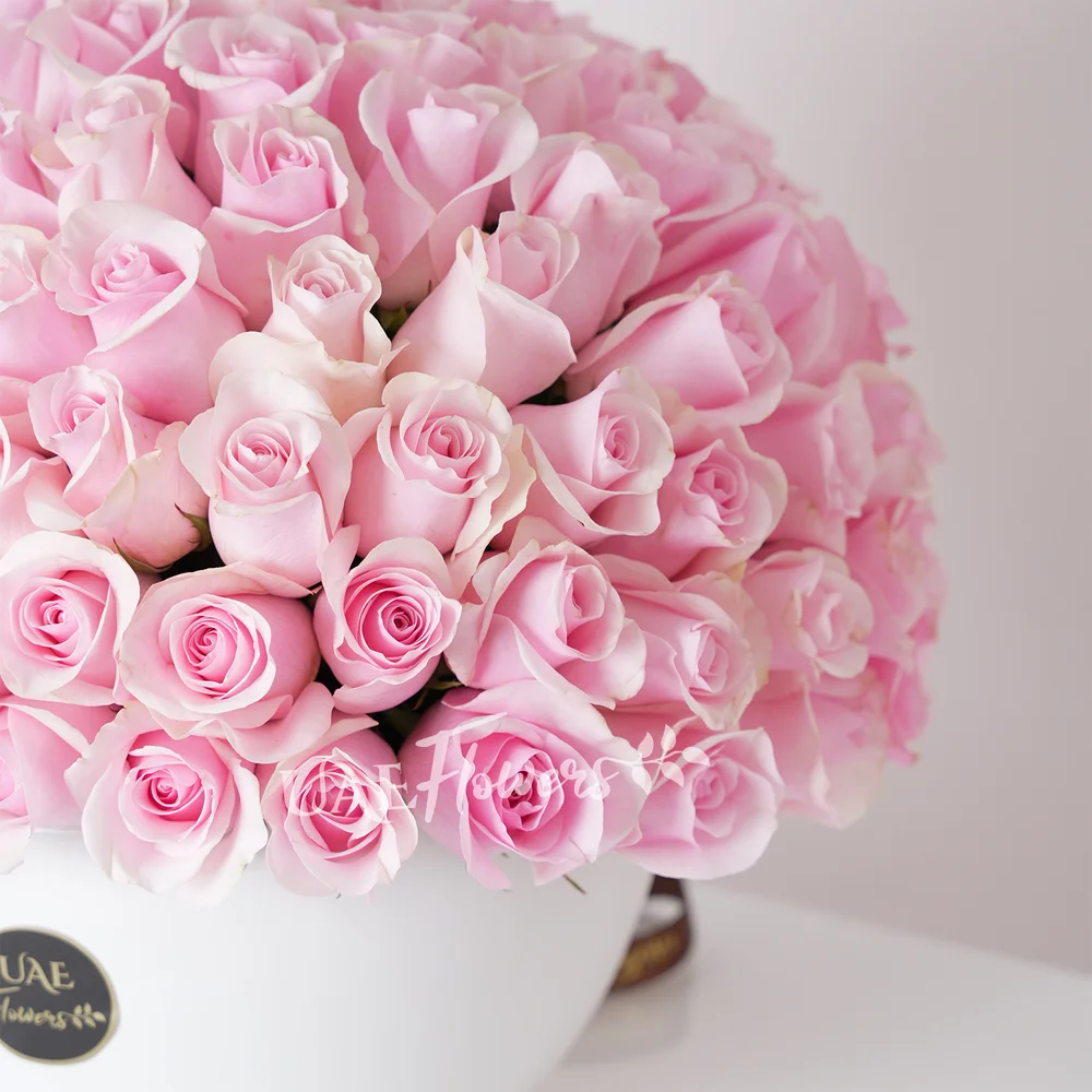 100 pink roses in a ceramic vase