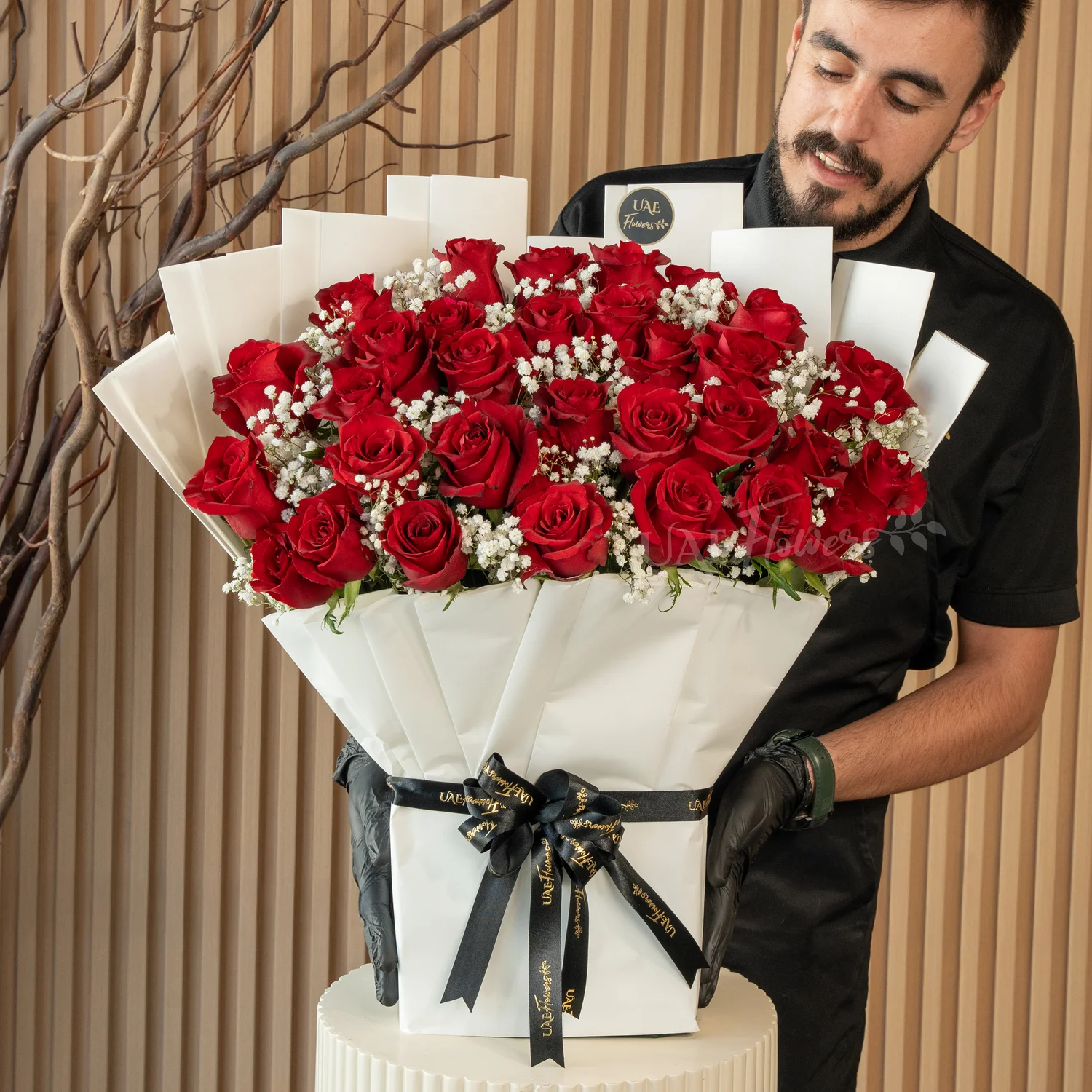 bouquet of 30 red roses with green fillers