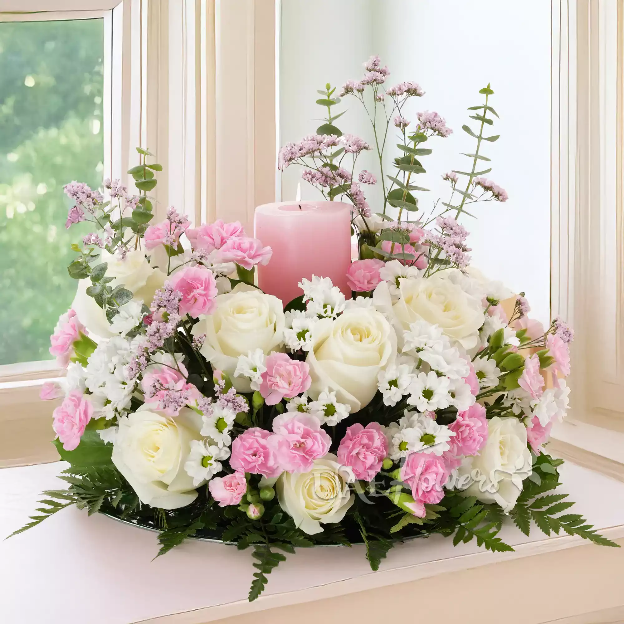 15 white roses, 5 chrysanthemums, 10 pink carnations, and pink candle