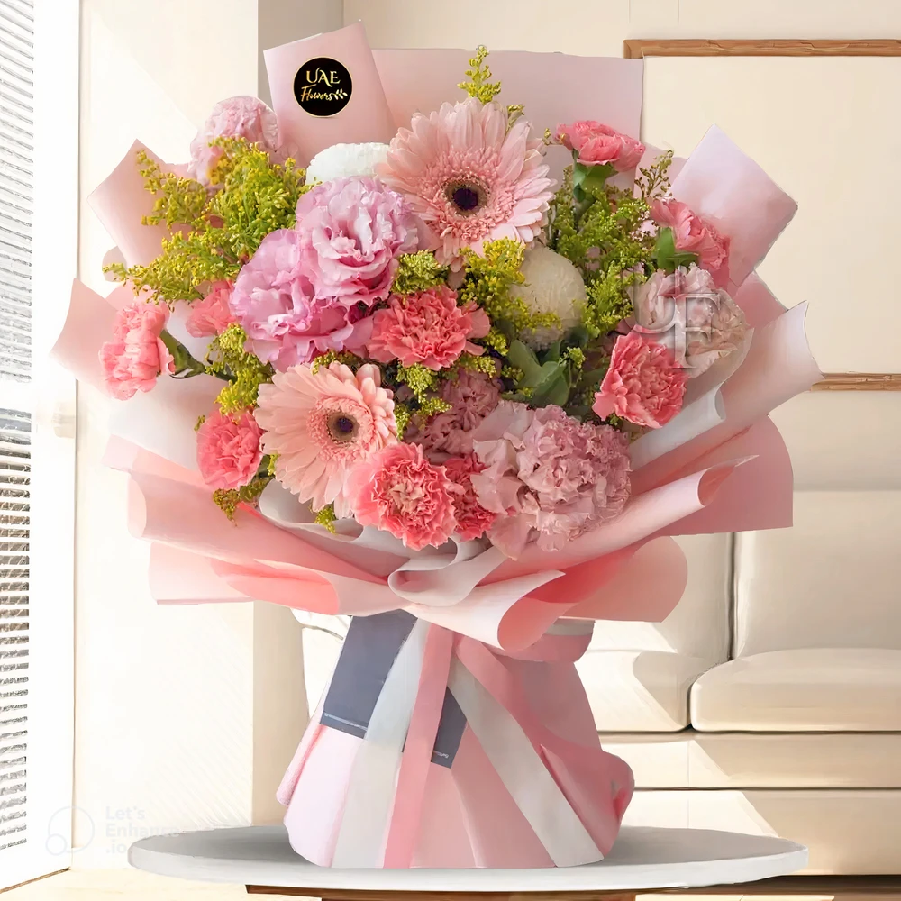 A pink bouuqet of 2 pink gerberas and 15 pink carnations with solidago leaves as fillers, wrapped in pink paper and tied off with a white ribbon.